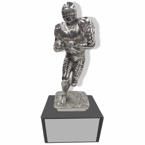 11 INCH HEIGHT ELECTROPLATED ANTIQUE SILVER FOOTBALL PLAYER TROPHY ON BLACK MARBLE BASE