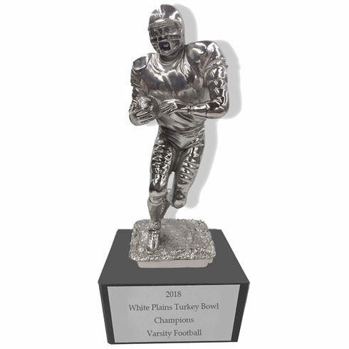 11 INCH HEIGHT ELECTROPLATED ANTIQUE SILVER FOOTBALL PLAYER TROPHY ON BLACK MARBLE BASE