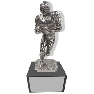 11 INCH HEIGHT ELECTROPLATED ANTIQUE SILVER FOOTBALL PLAYER TROPHY ON BLACK MARBLE BASE