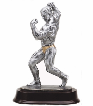 11 INCH MALE BODY BUILDER ANTIQUE SILVER FINISH TROPHY