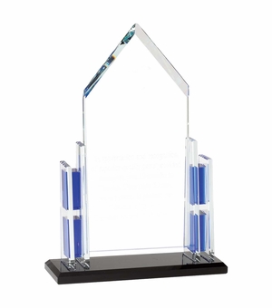11 INCH OPTICAL CRYSTAL BLUE CATHEDRAL AWARD ON BLACK BASE