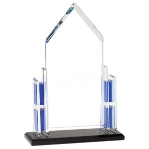 11 INCH OPTICAL CRYSTAL BLUE CATHEDRAL AWARD ON BLACK BASE