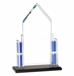 11 INCH OPTICAL CRYSTAL BLUE CATHEDRAL AWARD ON BLACK BASE
