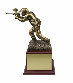 11 INCH PAINTBALL PLAYER TROPHY BRASS ELECTROPLATED  ON ROSEWOOD BASE