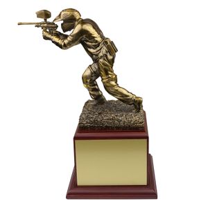 11 INCH PAINTBALL PLAYER TROPHY BRASS ELECTROPLATED  ON ROSEWOOD BASE