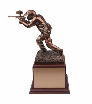 11 INCH PAINTBALL PLAYER TROPHY BRONZE ELECTROPLATED  ON ROSEWOOD BASE