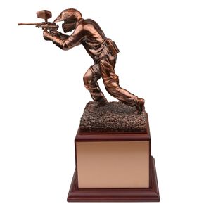 11 INCH PAINTBALL PLAYER TROPHY BRONZE ELECTROPLATED  ON ROSEWOOD BASE