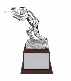 11 INCH PAINTBALL PLAYER TROPHY SILVER ELECTROPLATED  ON ROSEWOOD BASE