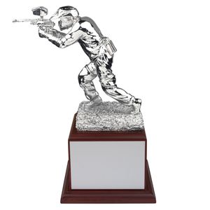 11 INCH PAINTBALL PLAYER TROPHY SILVER ELECTROPLATED  ON ROSEWOOD BASE