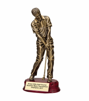 11" MALE GOLFER TROPHY ANTIQUE GOLD RESIN ON ROSEWOOD BASE
