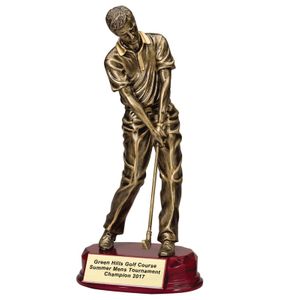 11" MALE GOLFER TROPHY ANTIQUE GOLD RESIN ON ROSEWOOD BASE