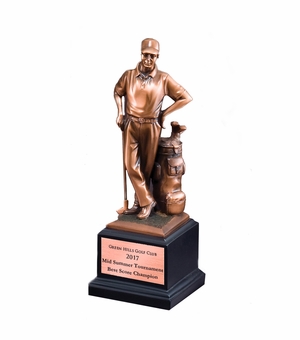 11" MALE GOLFER WITH GOLF BAG TROPHY ELECTROPLATED BRONZE ON BLACK BASE WITH COPPER ENGRAVING PLATE
