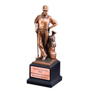 11" MALE GOLFER WITH GOLF BAG TROPHY ELECTROPLATED BRONZE ON BLACK BASE WITH COPPER ENGRAVING PLATE