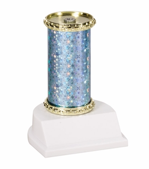 11" STAR SPARKLE COLUMN TROPHY LIGHT BLUE & GOLD SYNTHETIC WHITE BASE 
