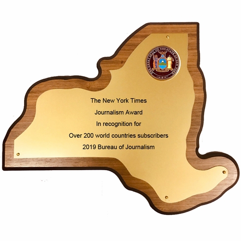 11 X 13-1/4 INCH NEW YORK STATE SHAPE WALNUT VENEER PLAQUE