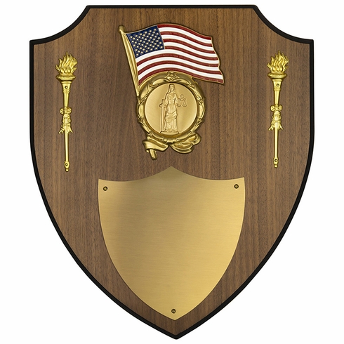 11 X 13 INCH AMERICAN FLAG WALNUT VENEER SHIELD PLAQUE WITH METAL TORCHES