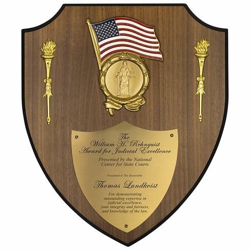 11 X 13 INCH AMERICAN FLAG WALNUT VENEER SHIELD PLAQUE WITH METAL TORCHES