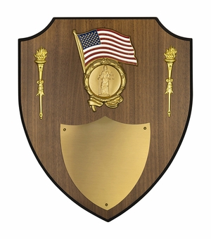 11 X 13 INCH AMERICAN FLAG WALNUT VENEER SHIELD PLAQUE WITH METAL TORCHES