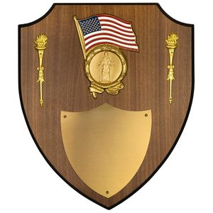 11 X 13 INCH AMERICAN FLAG WALNUT VENEER SHIELD PLAQUE WITH METAL TORCHES