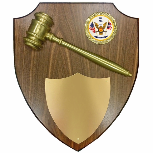 11 x 13 INCH DEPARTMENT OF JUSTICE GAVEL PLAQUE SHIELD WITH 2 INCH CUSTOM SUBLIMATED WHITE DISC