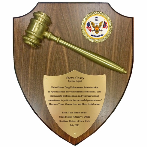 11 x 13 INCH DEPARTMENT OF JUSTICE GAVEL PLAQUE SHIELD WITH 2 INCH CUSTOM SUBLIMATED WHITE DISC