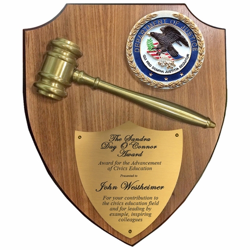 11 X 13 INCH DEPARTMENT OF JUSTICE WITH GAVEL WALNUT VENEER SHIELD PLAQUE