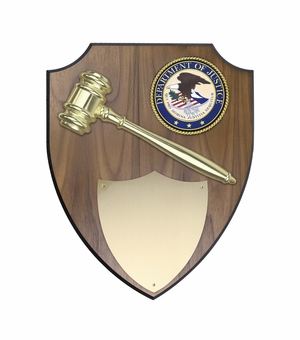 11 X 13 INCH DEPARTMENT OF JUSTICE WITH GAVEL WALNUT VENEER SHIELD PLAQUE
