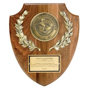 10 X 12 INCH GENUINE WALNUT DEPARTMENT OF JUSTICE SHIELD WITH 4 INCH MEDALLION