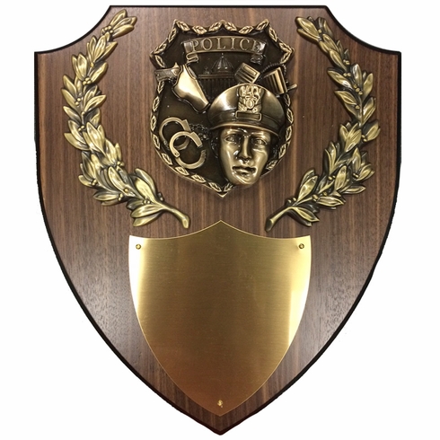 11 X 13 INCH POLICE OFFICER PLAQUE WALNUT VENEER SHIELD WITH HIGH RELIEF POLICE CASTING