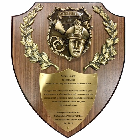 11 X 13 INCH POLICE OFFICER PLAQUE WALNUT VENEER SHIELD WITH HIGH RELIEF POLICE CASTING