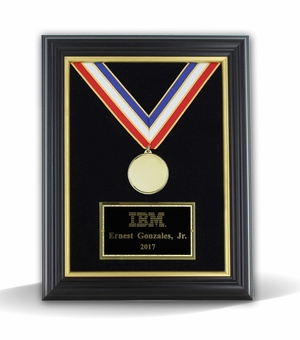 11 X 14 INCH BLACK FRAME GOLD TRIM HANGING MEDAL FRAME WITH RIBBON WALL PLAQUE