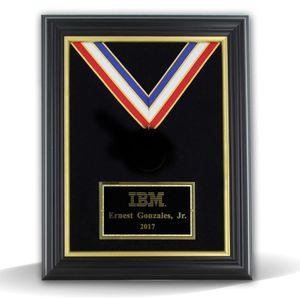 11 X 14 INCH BLACK FRAME GOLD TRIM HANGING MEDAL WITH RIBBON WALL PLAQUE