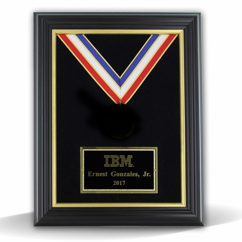 11 X 14 INCH BLACK FRAME GOLD TRIM HANGING MEDAL WITH RIBBON WALL PLAQUE