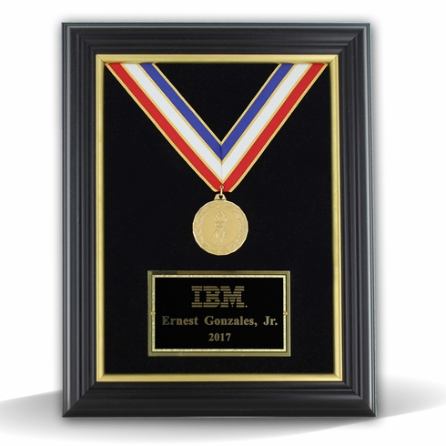 11 X 14 INCH BLACK FRAME GOLD TRIM HANGING MEDAL WITH RIBBON WALL PLAQUE
