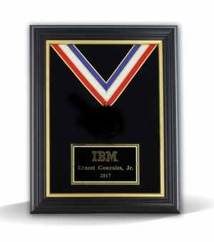 11 X 14 INCH BLACK FRAME GOLD TRIM HANGING MEDAL WITH RIBBON WALL PLAQUE