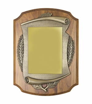11 X 15 INCH GENUINE WALNUT SHIELD PLAQUE WITH METAL CASTING MATTE GOLD PLATE