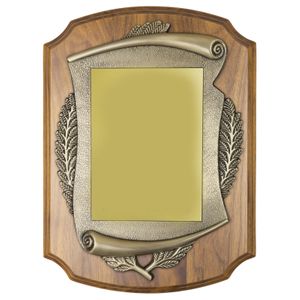 11 X 15 INCH GENUINE WALNUT SHIELD PLAQUE WITH METAL CASTING MATTE GOLD PLATE