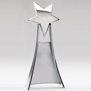11"x 4-3/4" SHOOTING STAR TOWER TROPHY BRIGHT SILVER FINISH METAL SATIN SILVER ENGRAVING AREA