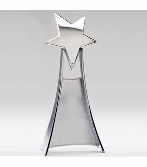 11"x 4-3/4" SHOOTING STAR TOWER TROPHY BRIGHT SILVER FINISH METAL SATIN SILVER ENGRAVING AREA