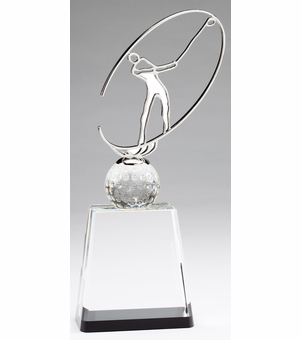11" x 5" MODERN METAL GOLFER ON CRYSTAL BASE TROPHY
