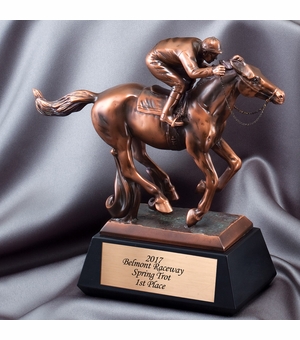 12-1/2" ANTIQUE BRONZE FINISH JOCKEY TROPHY ON BLACK WOOD BASE