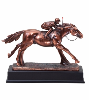 12-1/2" ANTIQUE BRONZE FINISH JOCKEY TROPHY ON BLACK WOOD BASE