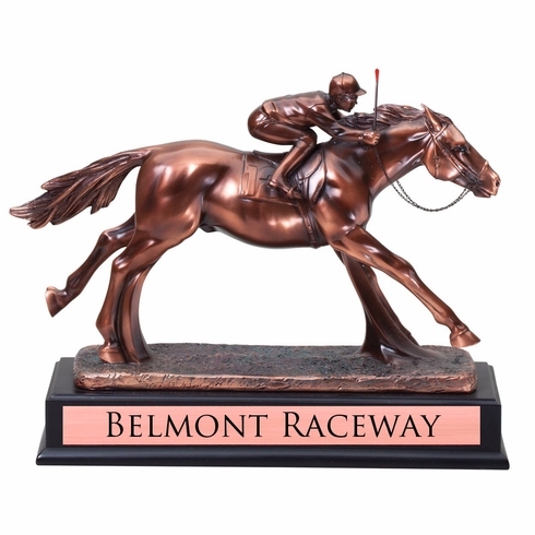 12-1/2" ANTIQUE BRONZE FINISH JOCKEY TROPHY ON BLACK WOOD BASE