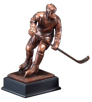 12-1/2 INCH ANTIQUE BRONZE ELECTROPLATED MALE ICE HOCKEY PLAYER TROPHY ON BLACK WOOD BASE
