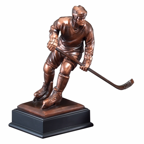 12-1/2 INCH ANTIQUE BRONZE ELECTROPLATED MALE ICE HOCKEY PLAYER TROPHY ON BLACK WOOD BASE