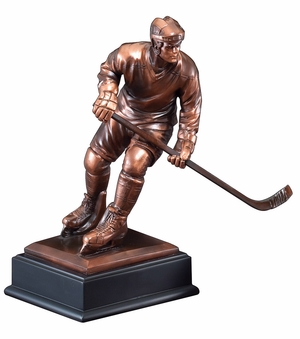 12-1/2 INCH ANTIQUE BRONZE ELECTROPLATED MALE ICE HOCKEY PLAYER TROPHY ON BLACK WOOD BASE