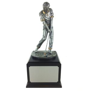 12-1/2 INCH ANTIQUE SILVER MALE GOLFER TROPHY ON BLACK WOOD BASE