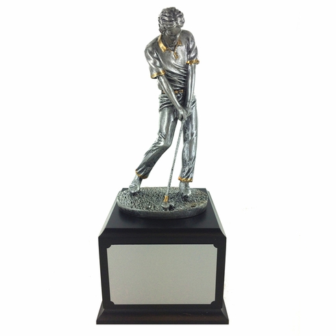 12-1/2 INCH ANTIQUE SILVER MALE GOLFER TROPHY ON BLACK WOOD BASE