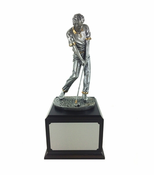 12-1/2 INCH ANTIQUE SILVER MALE GOLFER TROPHY ON BLACK WOOD BASE