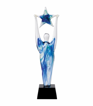12-1/2 INCH ART BLOWN GLASS SCULPTURE FIGURE WITH STAR ON A BLACK BASE